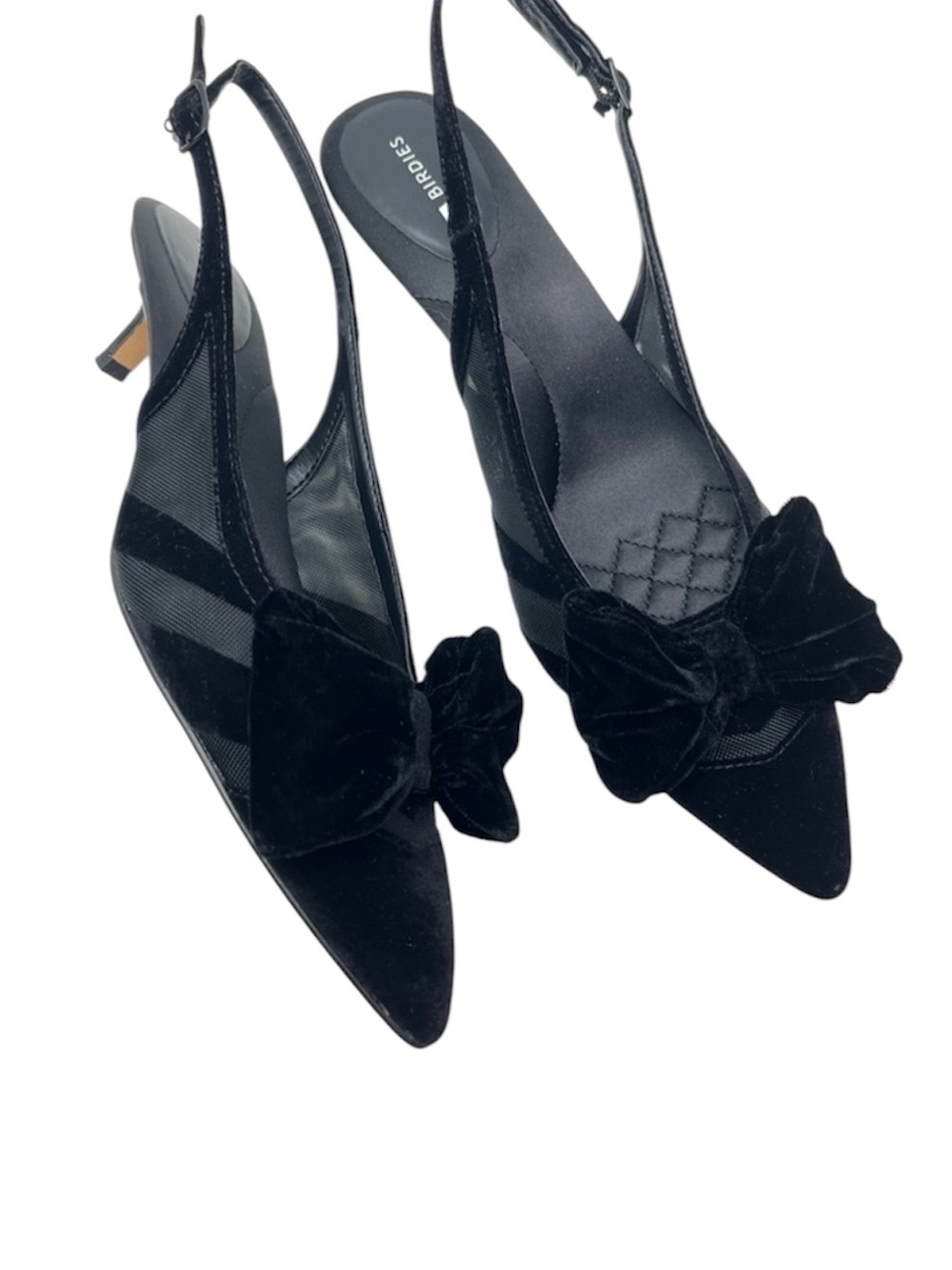 Birdies The Goldfinch Mesh Velvet Slingback Pointed Toe Kitten Heel Black Shoes
